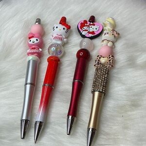 Cute Character Beaded Pens Set - Silver, Red, Gold bundle of 4